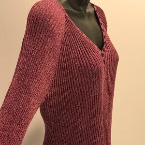 Sexy pink heathered low-cut knit cotton sweater with button detailing, L